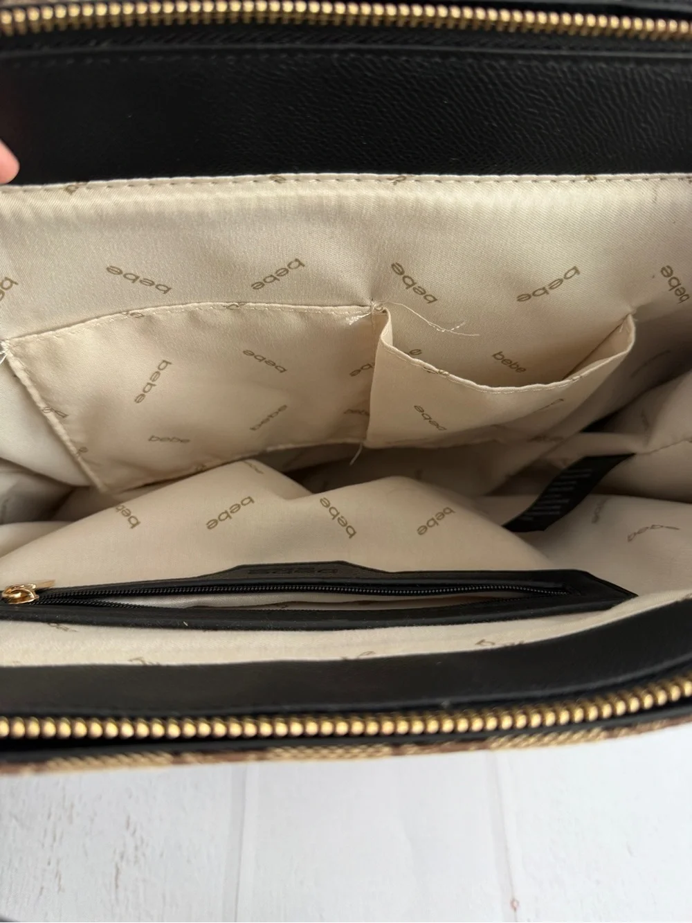 Bebe Los Angeles Monogram Logo Tote Bag Beige Black Large